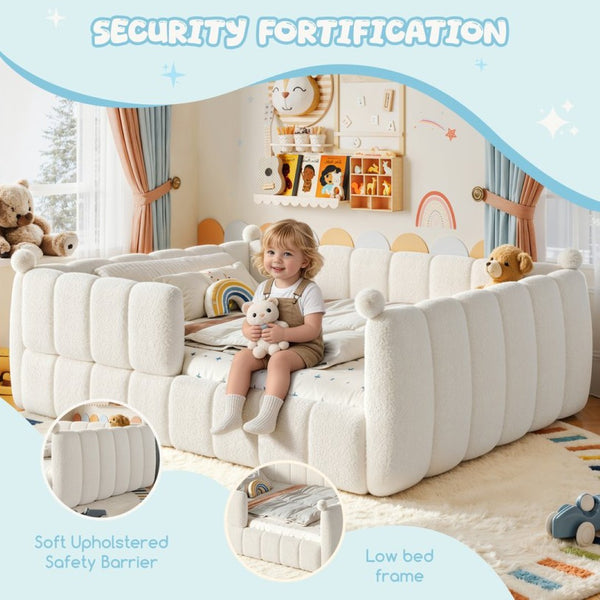 English Elm Queen Montessori Floor Bed Teddy Upholstered Low Profile Frame with Padded Safety Rails Beige W5305S00090