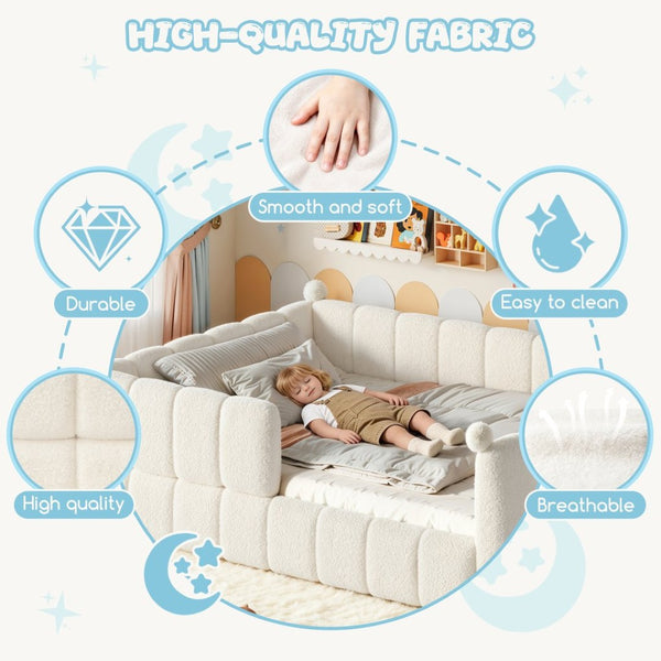 English Elm Queen Montessori Floor Bed Teddy Upholstered Low Profile Frame with Padded Safety Rails Beige W5305S00090