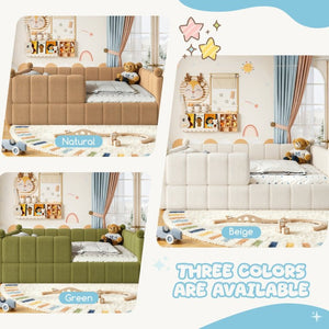 English Elm Queen Montessori Floor Bed Teddy Upholstered Low Profile Frame with Padded Safety Rails Beige W5305S00090