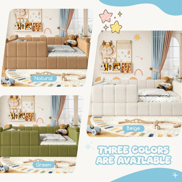 English Elm Queen Montessori Floor Bed Teddy Upholstered Low Profile Frame with Padded Safety Rails Beige W5305S00090