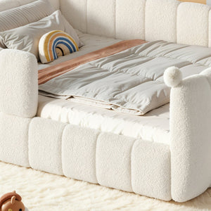 English Elm Queen Montessori Floor Bed Teddy Upholstered Low Profile Frame with Padded Safety Rails Beige W5305S00090