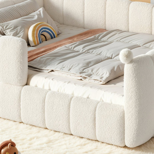 English Elm Queen Montessori Floor Bed Teddy Upholstered Low Profile Frame with Padded Safety Rails Beige W5305S00090