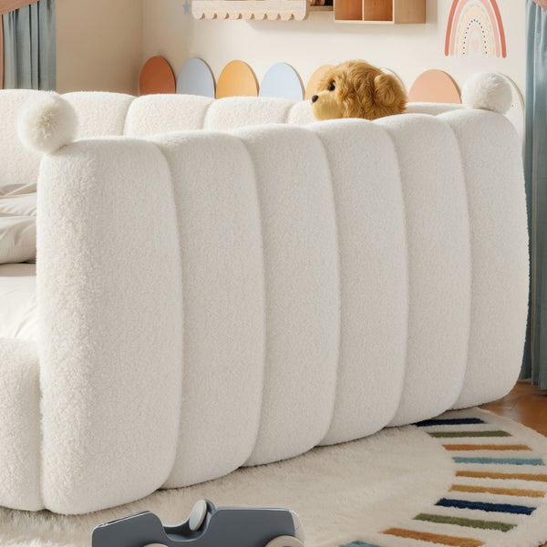English Elm Queen Montessori Floor Bed Teddy Upholstered Low Profile Frame with Padded Safety Rails Beige W5305S00090