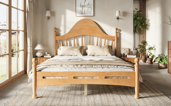 English Elm Full Pine Platform Bed Low Profile Curved Headboard Solid Wood Slatted Frame for Kids Natural W5305S00094