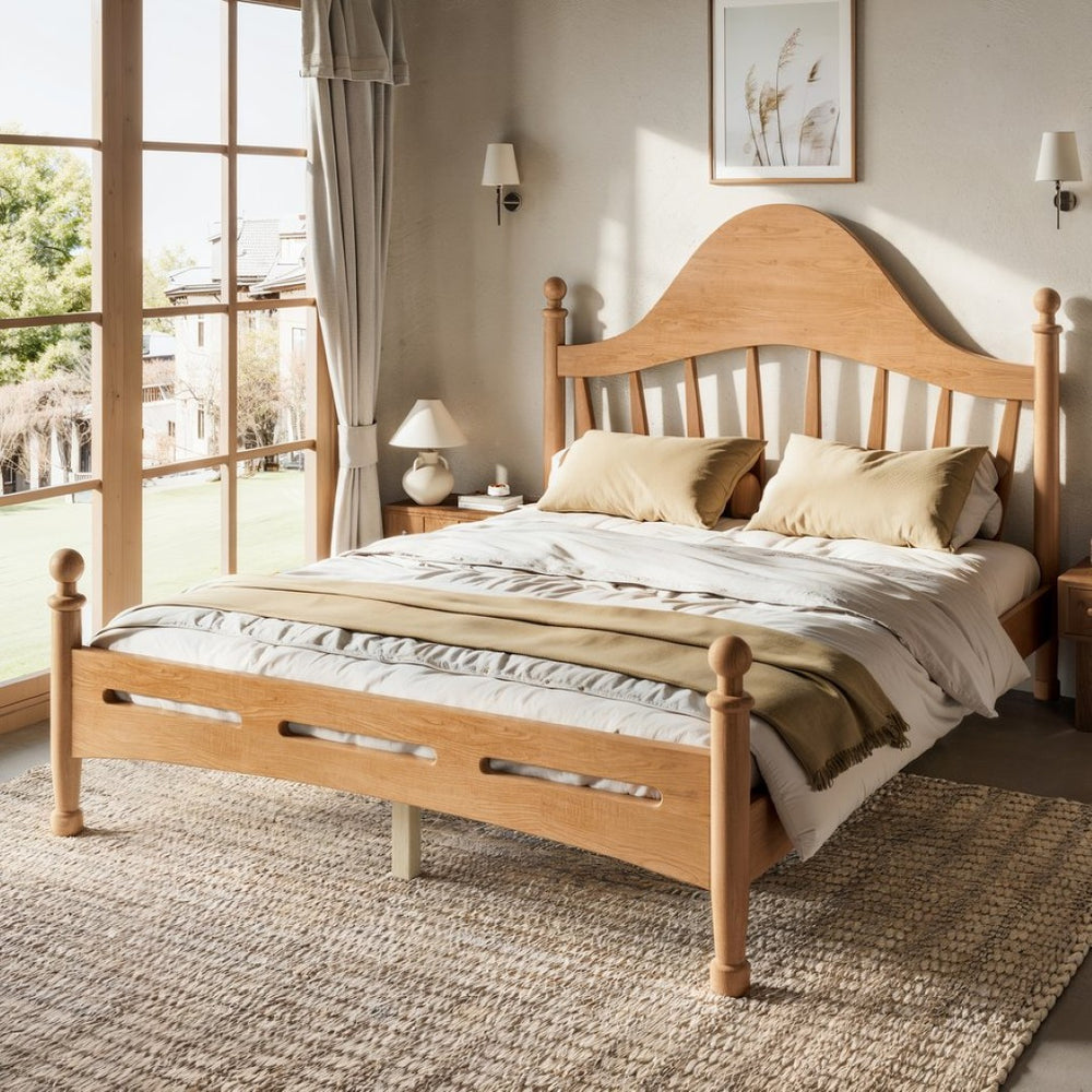 English Elm Full Pine Platform Bed Low Profile Curved Headboard Solid Wood Slatted Frame for Kids Natural W5305S00094