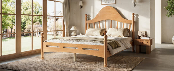 English Elm Full Pine Platform Bed Low Profile Curved Headboard Solid Wood Slatted Frame for Kids Natural W5305S00094