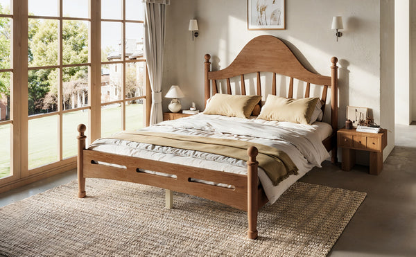 English Elm Full Pine Platform Bed Low Profile Curved Headboard Solid Wood Slatted Frame for Kids Antique Brown W5305S00095