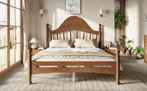 English Elm Full Pine Platform Bed Low Profile Curved Headboard Solid Wood Slatted Frame for Kids Antique Brown W5305S00095