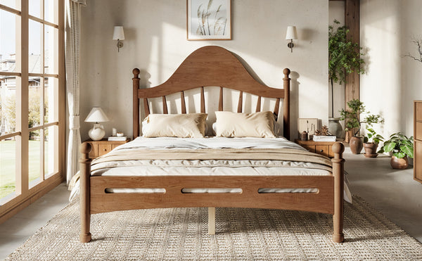 English Elm Full Pine Platform Bed Low Profile Curved Headboard Solid Wood Slatted Frame for Kids Antique Brown W5305S00095