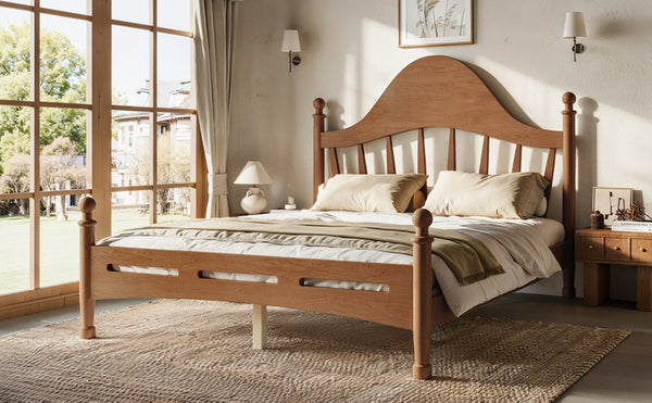 English Elm Full Pine Platform Bed Low Profile Curved Headboard Solid Wood Slatted Frame for Kids Antique Brown W5305S00095