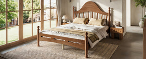 English Elm Full Pine Platform Bed Low Profile Curved Headboard Solid Wood Slatted Frame for Kids Antique Brown W5305S00095