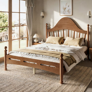 English Elm Full Pine Platform Bed Low Profile Curved Headboard Solid Wood Slatted Frame for Kids Antique Brown W5305S00095