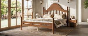 English Elm Full Pine Platform Bed Low Profile Curved Headboard Solid Wood Slatted Frame for Kids Antique Brown W5305S00095
