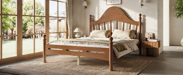 English Elm Full Pine Platform Bed Low Profile Curved Headboard Solid Wood Slatted Frame for Kids Antique Brown W5305S00095