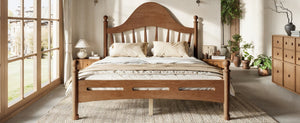 English Elm Full Pine Platform Bed Low Profile Curved Headboard Solid Wood Slatted Frame for Kids Antique Brown W5305S00095