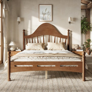 English Elm Full Pine Platform Bed Low Profile Curved Headboard Solid Wood Slatted Frame for Kids Antique Brown W5305S00095