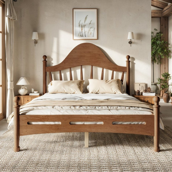 English Elm Full Pine Platform Bed Low Profile Curved Headboard Solid Wood Slatted Frame for Kids Antique Brown W5305S00095