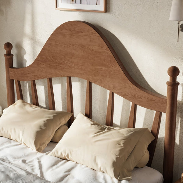 English Elm Full Pine Platform Bed Low Profile Curved Headboard Solid Wood Slatted Frame for Kids Antique Brown W5305S00095