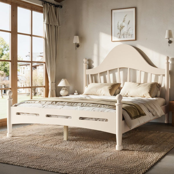 English Elm Full Pine Platform Bed Low Profile Curved Headboard Solid Wood Slatted Frame for Kids Beige W5305S00096