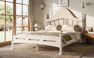 English Elm Full Pine Platform Bed Low Profile Curved Headboard Solid Wood Slatted Frame for Kids Beige W5305S00096
