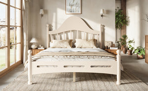 English Elm Full Pine Platform Bed Low Profile Curved Headboard Solid Wood Slatted Frame for Kids Beige W5305S00096