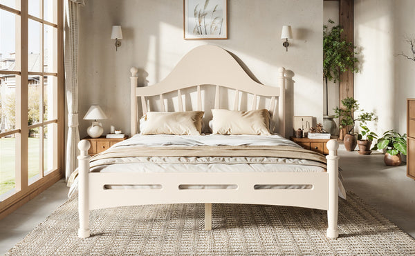English Elm Full Pine Platform Bed Low Profile Curved Headboard Solid Wood Slatted Frame for Kids Beige W5305S00096