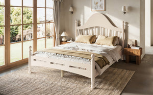 English Elm Full Pine Platform Bed Low Profile Curved Headboard Solid Wood Slatted Frame for Kids Beige W5305S00096