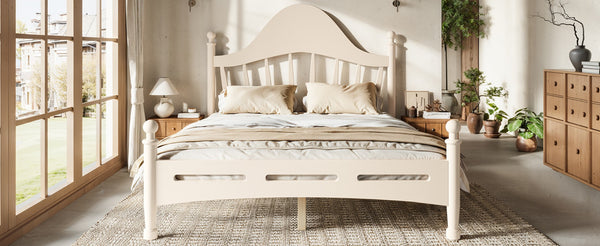English Elm Full Pine Platform Bed Low Profile Curved Headboard Solid Wood Slatted Frame for Kids Beige W5305S00096