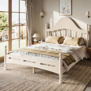 English Elm Full Pine Platform Bed Low Profile Curved Headboard Solid Wood Slatted Frame for Kids Beige W5305S00096