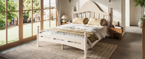 English Elm Full Pine Platform Bed Low Profile Curved Headboard Solid Wood Slatted Frame for Kids Beige W5305S00096