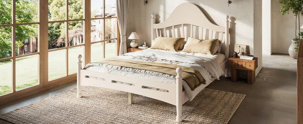 English Elm Full Pine Platform Bed Low Profile Curved Headboard Solid Wood Slatted Frame for Kids Beige W5305S00096