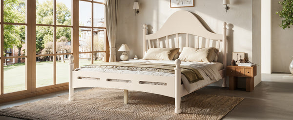 English Elm Full Pine Platform Bed Low Profile Curved Headboard Solid Wood Slatted Frame for Kids Beige W5305S00096