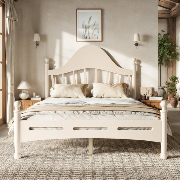 English Elm Full Pine Platform Bed Low Profile Curved Headboard Solid Wood Slatted Frame for Kids Beige W5305S00096