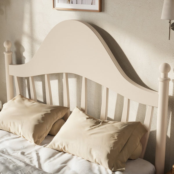 English Elm Full Pine Platform Bed Low Profile Curved Headboard Solid Wood Slatted Frame for Kids Beige W5305S00096