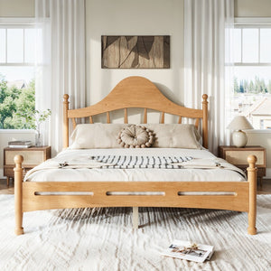 English Elm Queen Platform Bed Solid Pine Curved Headboard Low Profile Frame for Modern Bedroom Natural W5305S00097