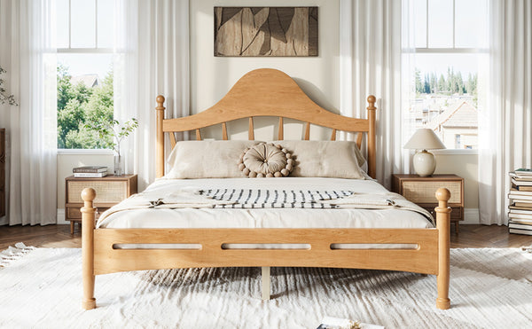 English Elm Queen Platform Bed Solid Pine Curved Headboard Low Profile Frame for Modern Bedroom Natural W5305S00097