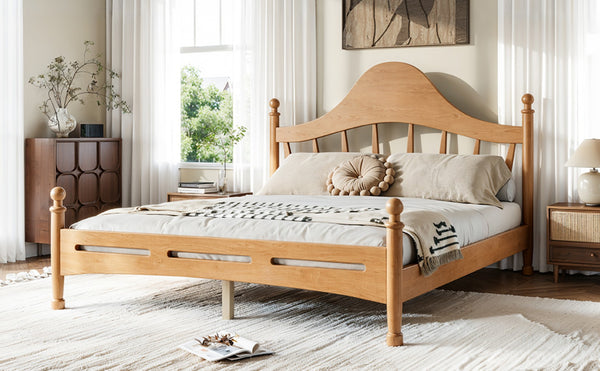 English Elm Queen Platform Bed Solid Pine Curved Headboard Low Profile Frame for Modern Bedroom Natural W5305S00097