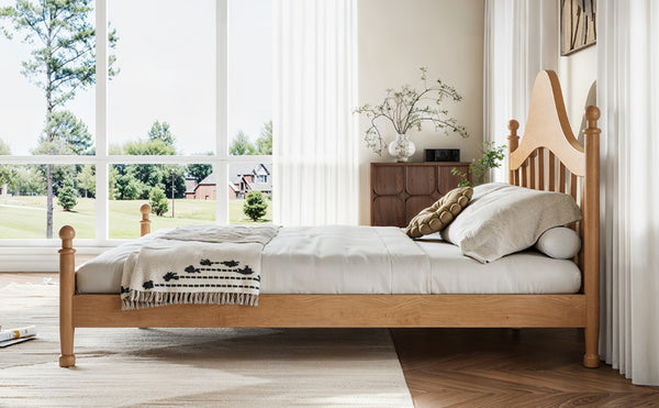 English Elm Queen Platform Bed Solid Pine Curved Headboard Low Profile Frame for Modern Bedroom Natural W5305S00097