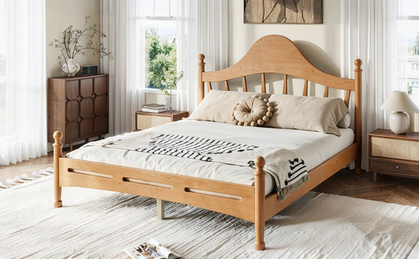 English Elm Queen Platform Bed Solid Pine Curved Headboard Low Profile Frame for Modern Bedroom Natural W5305S00097