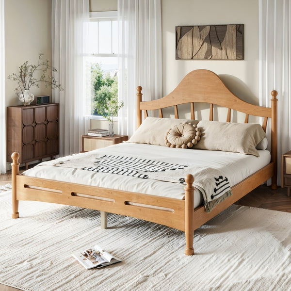 English Elm Queen Platform Bed Solid Pine Curved Headboard Low Profile Frame for Modern Bedroom Natural W5305S00097