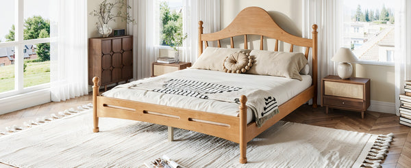 English Elm Queen Platform Bed Solid Pine Curved Headboard Low Profile Frame for Modern Bedroom Natural W5305S00097