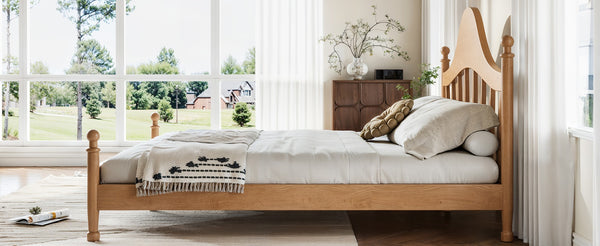 English Elm Queen Platform Bed Solid Pine Curved Headboard Low Profile Frame for Modern Bedroom Natural W5305S00097