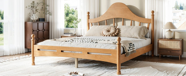 English Elm Queen Platform Bed Solid Pine Curved Headboard Low Profile Frame for Modern Bedroom Natural W5305S00097