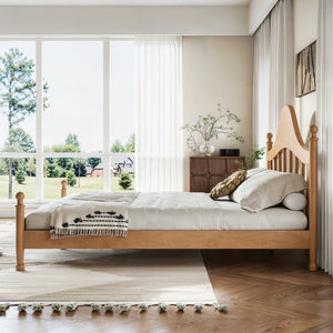 English Elm Queen Platform Bed Solid Pine Curved Headboard Low Profile Frame for Modern Bedroom Natural W5305S00097