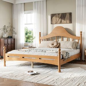 English Elm Queen Platform Bed Solid Pine Curved Headboard Low Profile Frame for Modern Bedroom Natural W5305S00097