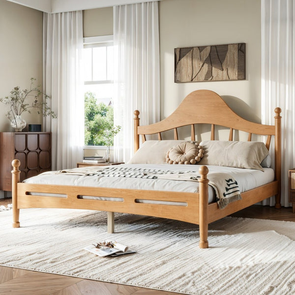 English Elm Queen Platform Bed Solid Pine Curved Headboard Low Profile Frame for Modern Bedroom Natural W5305S00097