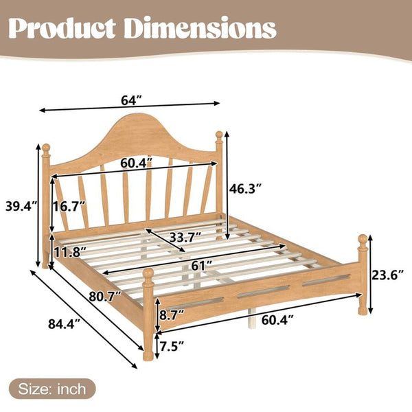 English Elm Queen Platform Bed Solid Pine Curved Headboard Low Profile Frame for Modern Bedroom Natural W5305S00097