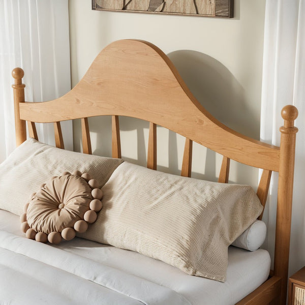 English Elm Queen Platform Bed Solid Pine Curved Headboard Low Profile Frame for Modern Bedroom Natural W5305S00097