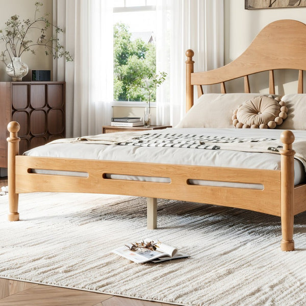 English Elm Queen Platform Bed Solid Pine Curved Headboard Low Profile Frame for Modern Bedroom Natural W5305S00097