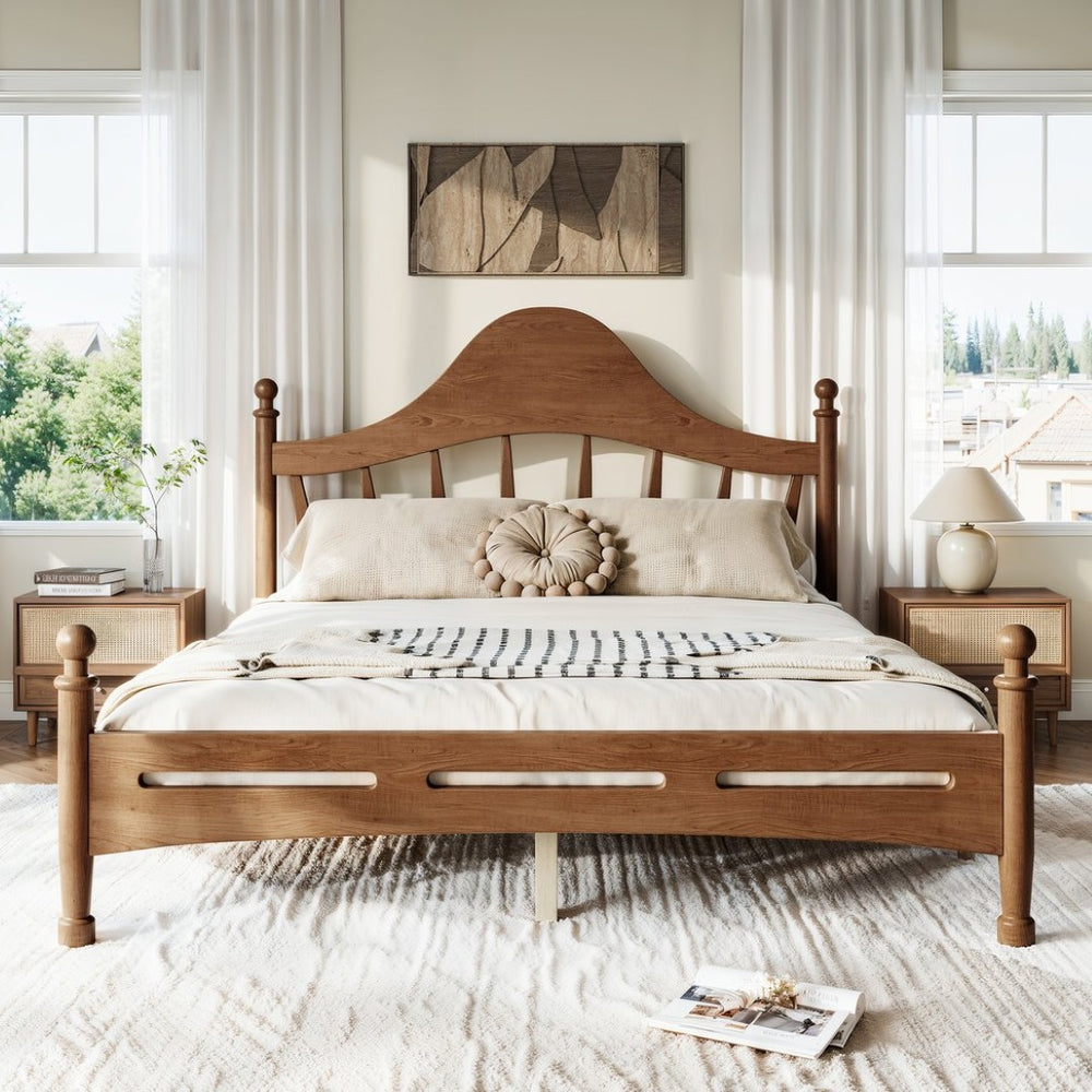 English Elm Queen Platform Bed Solid Pine Curved Headboard Low Profile Frame for Modern Bedroom Antique Brown W5305S00098